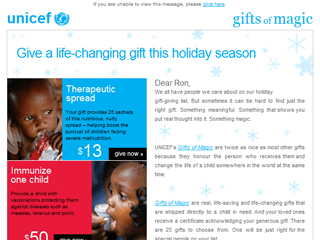 UNICEF - Gifts of Magic - December 2008 - Email Design and Coding