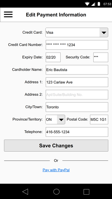 Wireframe - Payment Information